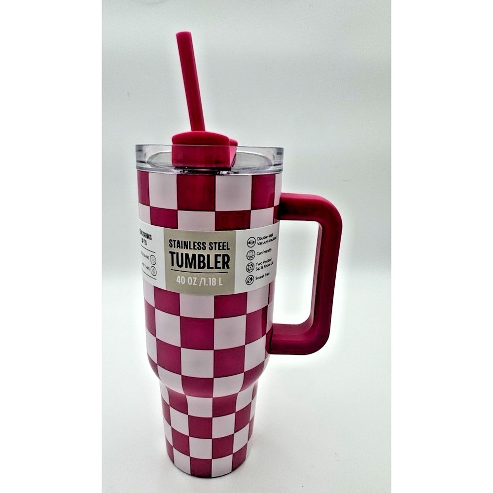 Stanley 40oz Quencher H2.0 FlowState Tumbler Fuchsia Checker Pink NEW